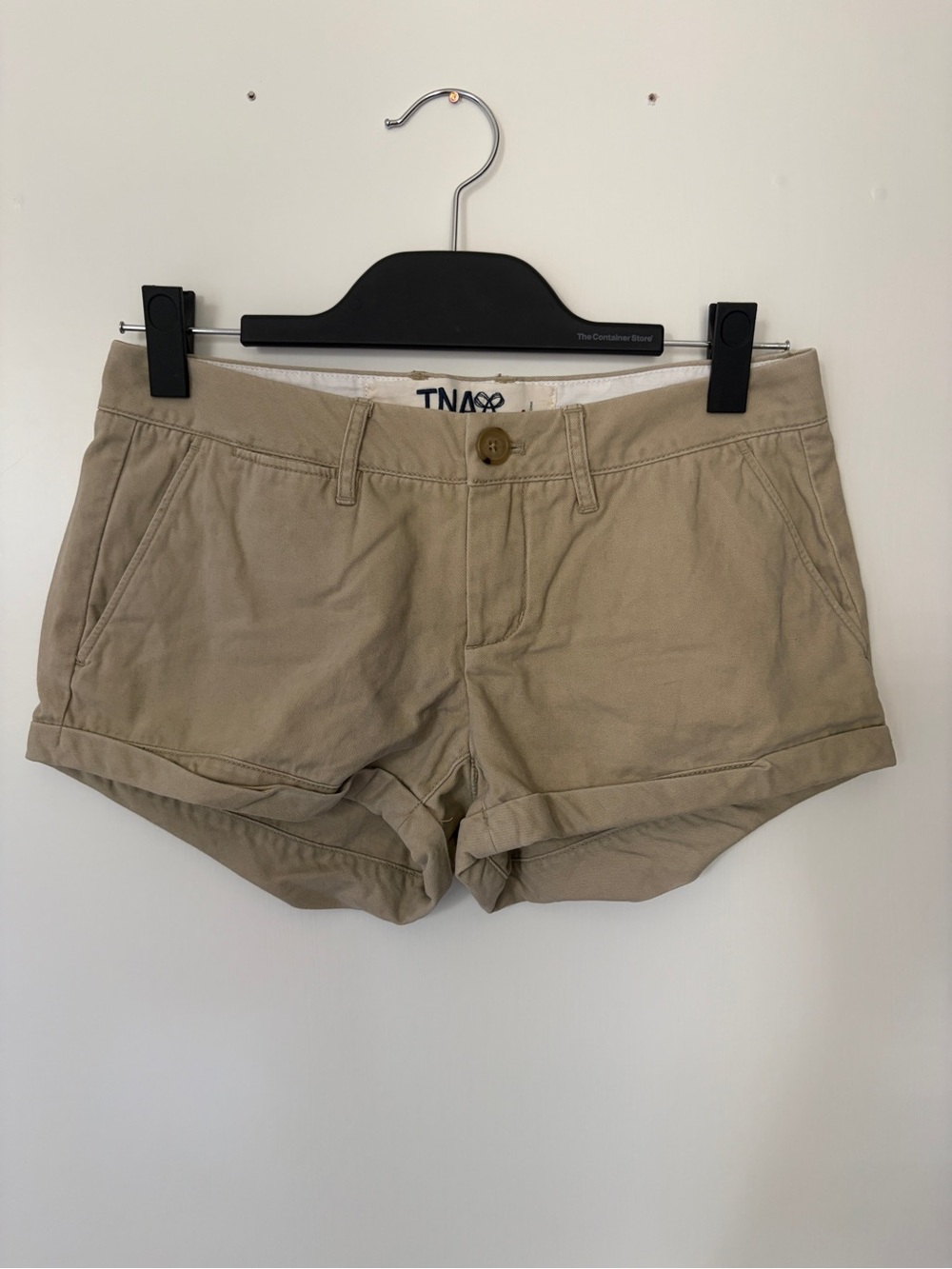 Vintage Aritzia TNA Women's Tan Mini Roll-Cuff Cotton Shorts